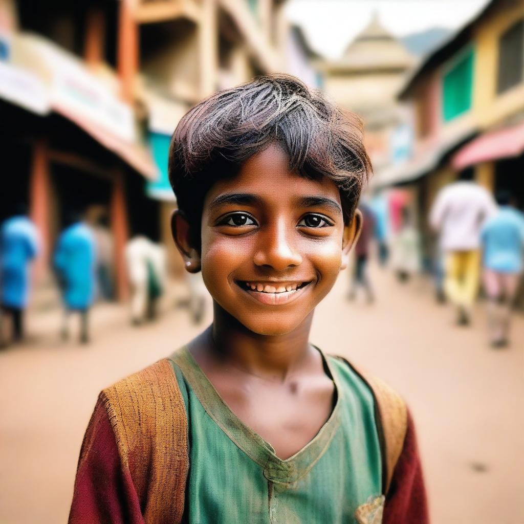 A nostalgic and heartwarming image of a young boy, around 13 years old, with a cute face