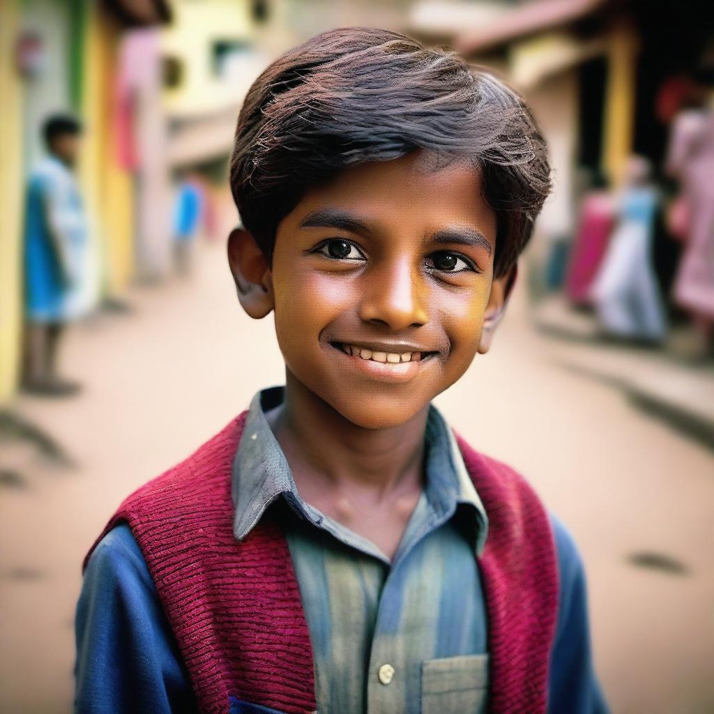 A nostalgic and heartwarming image of a young boy, around 13 years old, with a cute face