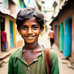 A nostalgic and heartwarming image of a young boy, around 13 years old, with a cute face