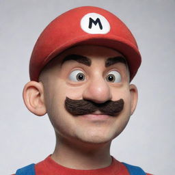 An image of Mario from the Super Mario Brothers, reimagined with a bald head.