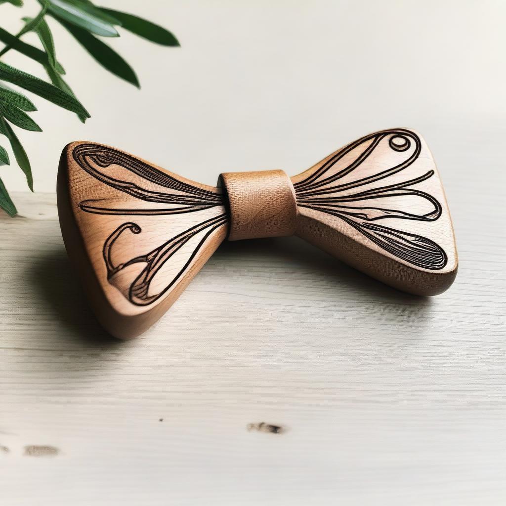 A beautifully crafted wooden bow carved with a minimalistic forestial motif