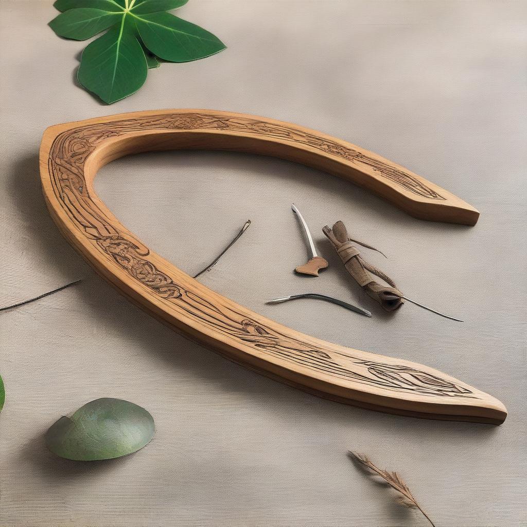 A beautifully crafted wooden bow weapon, carved with a minimalistic forestial motif