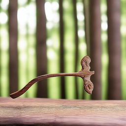 A beautifully crafted wooden bow weapon, carved with a minimalistic forestial motif