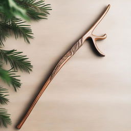 A beautifully crafted wooden bow weapon, carved with a minimalistic forestial motif