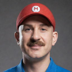 An image of Mario from the Super Mario Brothers, reimagined with a bald head.