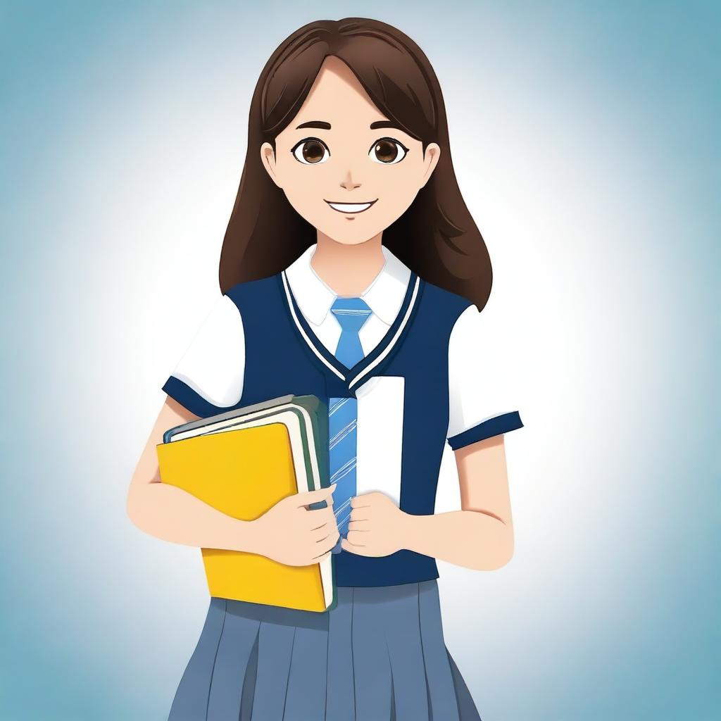 Create an image of a girl wearing a school uniform and holding school supplies