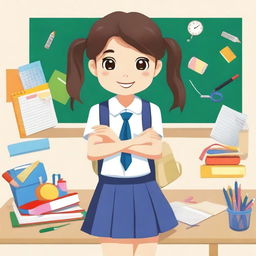 Create an image of a girl wearing a school uniform and holding school supplies