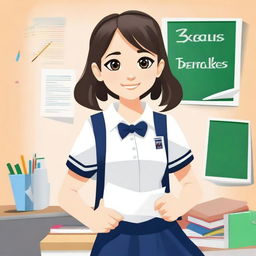 Create an image of a girl wearing a school uniform and holding school supplies
