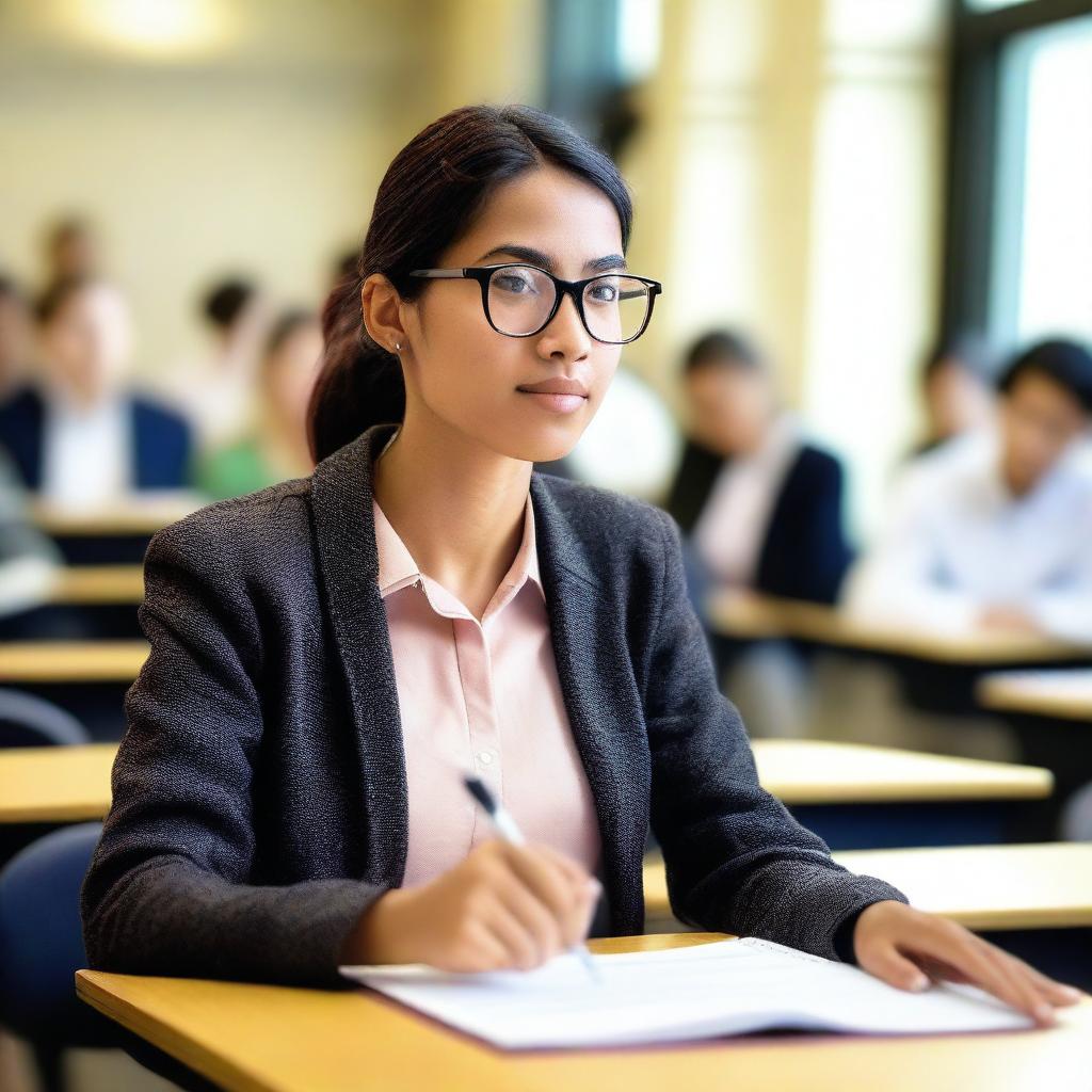 Create an image of a young woman attending a university lecture