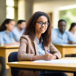 Create an image of a young woman attending a university lecture