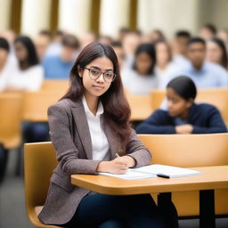 Create an image of a young woman attending a university lecture