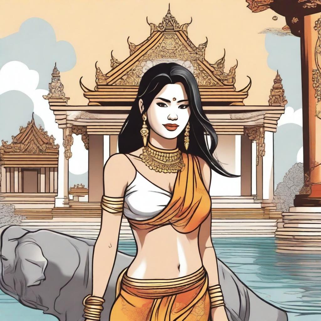 Create a comic-style illustration of a woman in Thailand, often referred to as the Land of the White Elephant