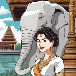 Create a comic-style illustration of a woman in Thailand, often referred to as the Land of the White Elephant