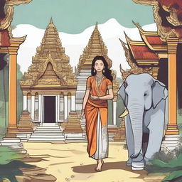 Create a comic-style illustration of a woman in Thailand, often referred to as the Land of the White Elephant
