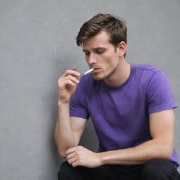 A 25-year-old male in a purple t-shirt and black pants, sitting behind a wall, engaged in the act of smoking substances.