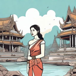 Create a comic-style illustration of a woman in Thailand, often referred to as the Land of the White Elephant