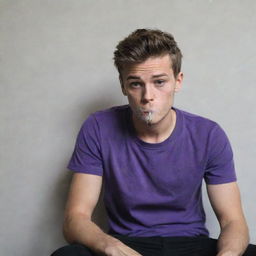 A 25-year-old male in a purple t-shirt and black pants, sitting behind a wall, engaged in the act of smoking substances.