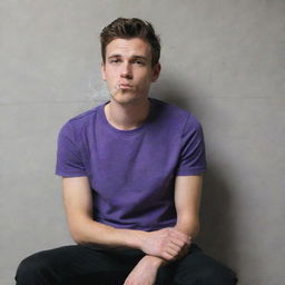 A 25-year-old male in a purple t-shirt and black pants, sitting behind a wall, engaged in the act of smoking substances.