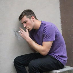 A 25-year-old male in a purple t-shirt and black pants, sitting behind a wall, engaged in the act of smoking substances.