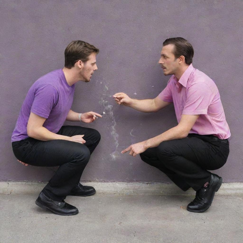 A 25-year-old male in a purple t-shirt and black pants, sitting behind a wall smoking, is confronted by a 40-year-old man in a black and pink suit who angrily engages in a fight with him.