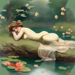 A vintage forest nymph with flowers in her hair, laying down on her side beside a pond looking longingly into the water