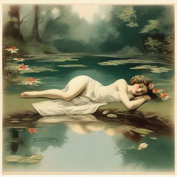 A vintage forest nymph with flowers in her hair, laying down on her side beside a pond looking longingly into the water