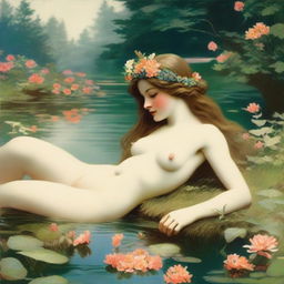 A vintage forest nymph with flowers in her hair, laying down on her side beside a pond looking longingly into the water