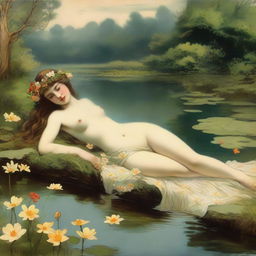 A vintage forest nymph with flowers in her hair, laying down on her side beside a pond looking longingly into the water