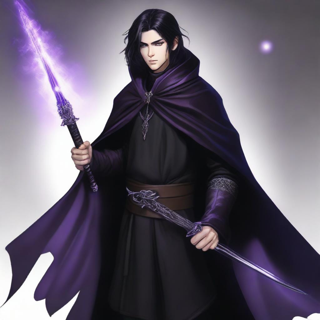 A semi-elf male with a short beard, purple eyes, and black mullet hairstyle