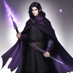 A semi-elf male with a short beard, purple eyes, and black mullet hairstyle