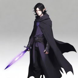 A semi-elf male with a short beard, purple eyes, and black mullet hairstyle