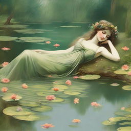 A vintage forest nymph with flowers in her hair, laying down on her side beside a pond looking longingly into the water