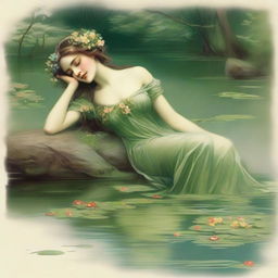 A vintage forest nymph with flowers in her hair, laying down on her side beside a pond looking longingly into the water