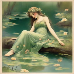 A vintage forest nymph with flowers in her hair, laying down on her side beside a pond looking longingly into the water