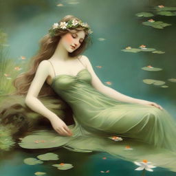 A vintage forest nymph with flowers in her hair, laying down on her side beside a pond looking longingly into the water