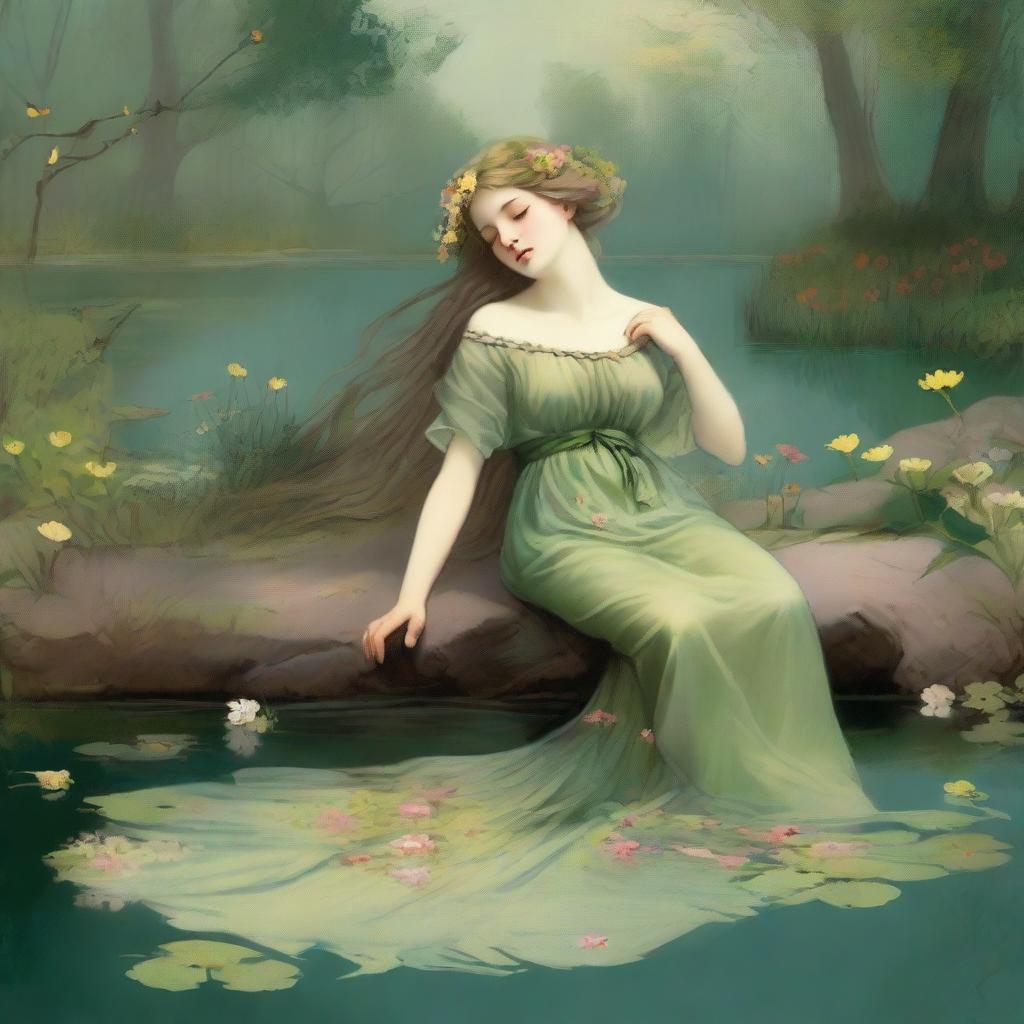 A vintage forest nymph with flowers in her hair, laying down on her side beside a pond looking longingly into the water