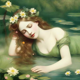 A vintage forest nymph with flowers in her hair, laying down on her side beside a pond looking longingly into the water