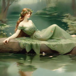 A vintage forest nymph with flowers in her hair, laying down on her side beside a pond looking longingly into the water