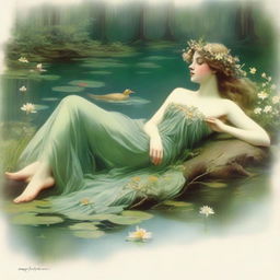 A vintage forest nymph with flowers in her hair, laying down on her side beside a pond looking longingly into the water