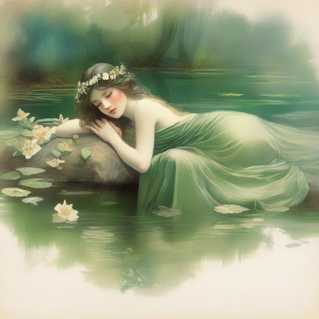 A vintage forest nymph with flowers in her hair, laying down on her side beside a pond looking longingly into the water