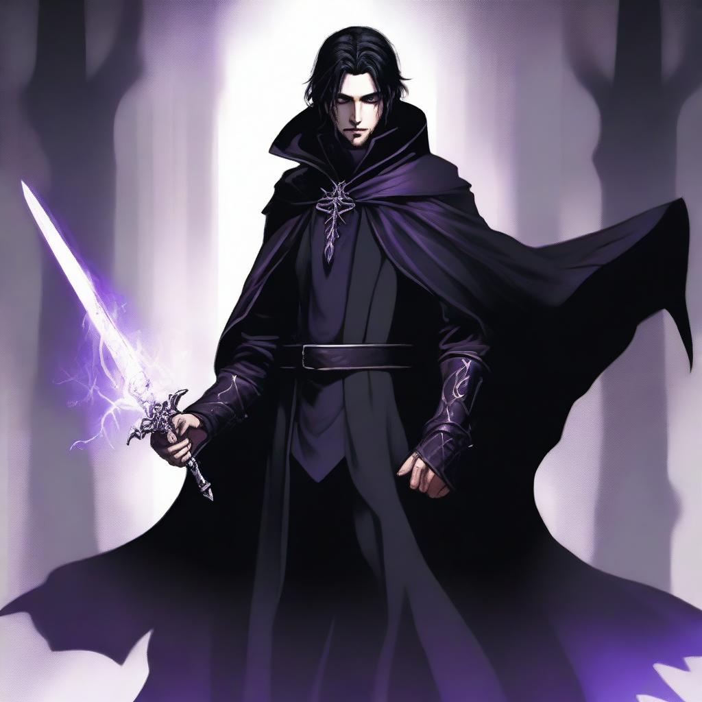 A semi-elf male with a short black beard, purple eyes, and black mullet hairstyle