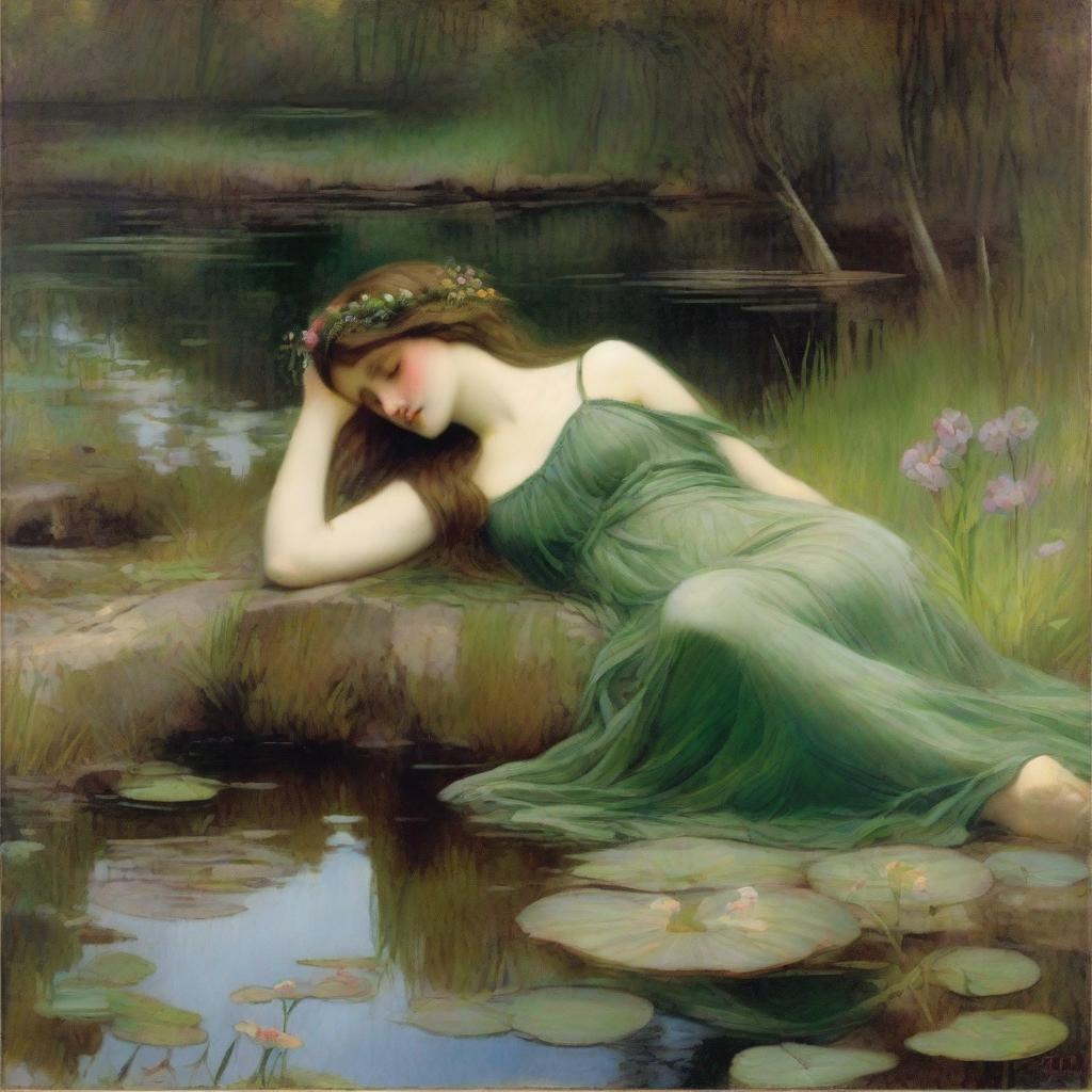 A vintage John William Waterhouse style painting of a forest nymph with flowers in her hair, laying down on her side beside a pond looking longingly into the water