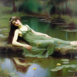 A vintage John William Waterhouse style painting of a forest nymph with flowers in her hair, laying down on her side beside a pond looking longingly into the water