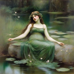 A vintage John William Waterhouse style painting of a forest nymph with flowers in her hair, laying down on her side beside a pond looking longingly into the water