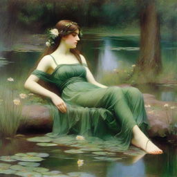 A vintage John William Waterhouse style painting of a forest nymph with flowers in her hair, laying down on her side beside a pond looking longingly into the water