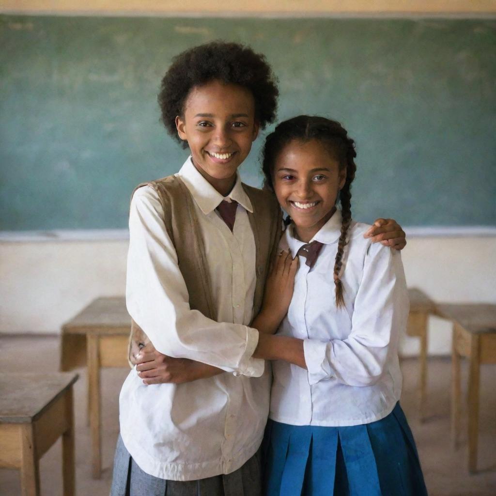 Portrait of two high-school Ethiopian students standing in the corner of a classroom, holding each other's hands and smiling