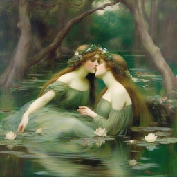 A vintage John William Waterhouse style painting of two forest nymphs with flowers in their hair, swimming in a pond and looking longingly into the water