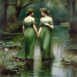 A vintage John William Waterhouse style painting of two forest nymphs with flowers in their hair, swimming in a pond and looking longingly into the water