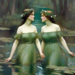 A vintage John William Waterhouse style painting of two forest nymphs with flowers in their hair, swimming in a pond and looking longingly into the water