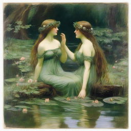 A vintage John William Waterhouse style painting of two forest nymphs with flowers in their hair, swimming in a pond and looking longingly into the water